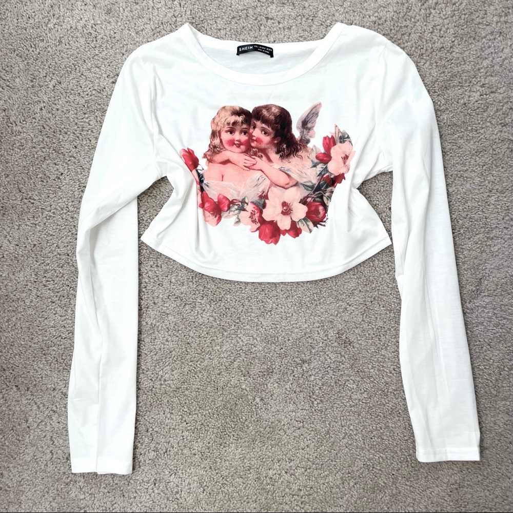 Angel Print Crop Top (White Multi)